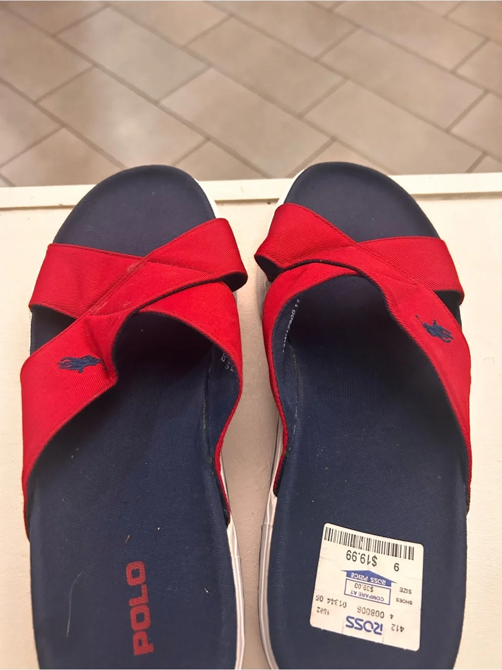 Polo by Ralph Lauren Red Cross-Strap Black Footbed White Sole Slide Sandals 11 B